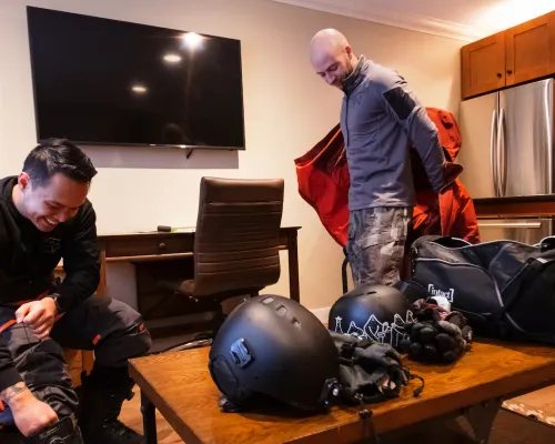 friends packing at hotel in Smithers ski & stay skinorthbc 